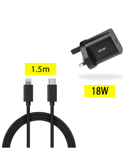 Olixar 18W Fast Mains Charger & USB to Lightning 1.5m Cable - Black