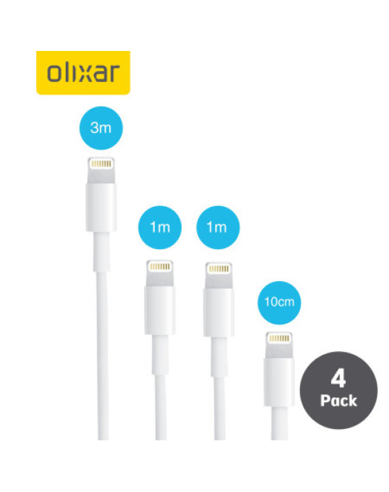 Olixar Multi-length Lightning Charge & Sync Cables - 4 Pack - Black