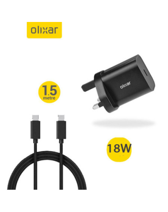 Olixar 18W USB-C PD Fast Wall Charger W/ 1.5m USB-C To C Cable - Black